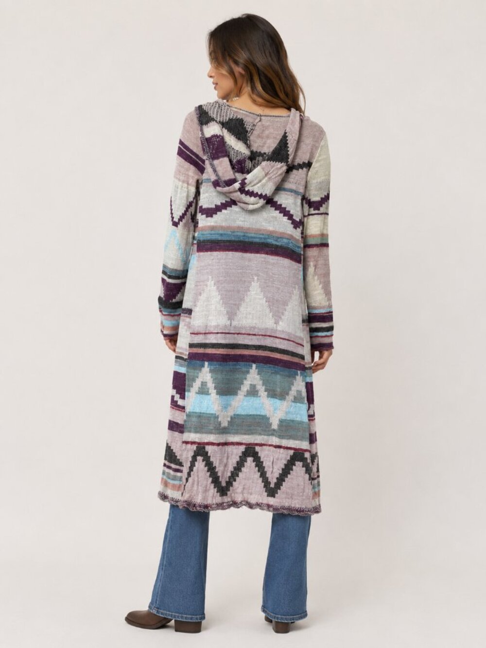 Free People Cream Purple Blue Boho Southwestern Long Duster Hooded Cardigan S - Picture 2 of 16